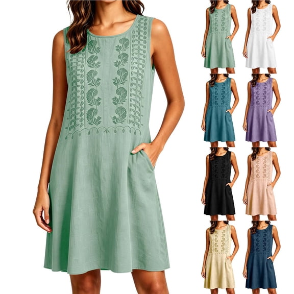 VBVC Women's Embroidered Crew Neck Dress , Summer Sleeveless Tunic Dress For Women , Ladies' Lightweight Breathable Dress with Pockets,Beige,S-2XL