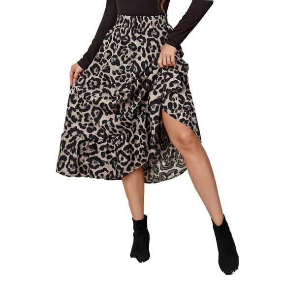 IROINNID Women's Skirt Fashion Leopard Sexy High Waist A-line Skirt Skirt Below The Knee Comfort Waist tail Print Skirt
