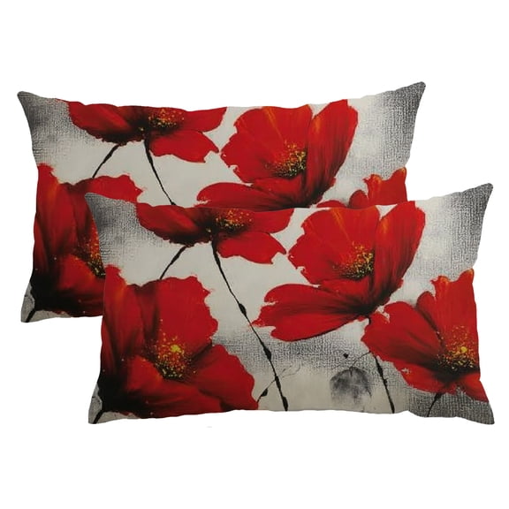 PHYHOO Poppy Flower Throw Pillow Cover Vintage Red Poppy Flower Decorative Rectangular Pillowcase for Sofa and Bed Couch 12"X20" Set of 2 12x20inch