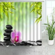 JOOCAR Shower Curtain Green Bamboo Black Stone Buddha White Flower Lotus Lamp Bathroom Decor Curtains 72x72inch