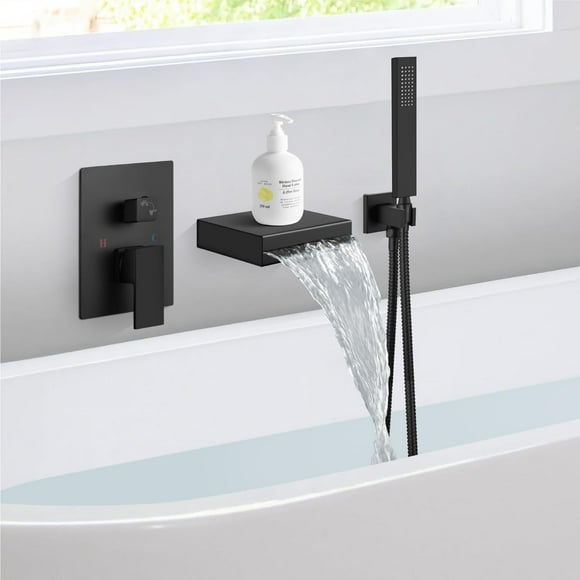 Cinwiny Wall Mount Waterfall Tub Spout Faucet Single Handle Tub Filler Bathtub Shower Faucet Set Rough-in Valve Brass with Straight Handheld Shower Sprayer,Matte Black