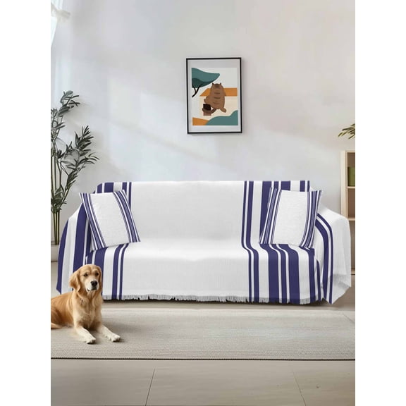 Navy Blue Striped Couch Cover Sofa Covers 3 Cushion Sectional Couch, Modern White Striped Abstract Art Aesthetics Washable Sofa Covers Slipcover Sectional Sofa Cover, Furniture Protector 71"x150"