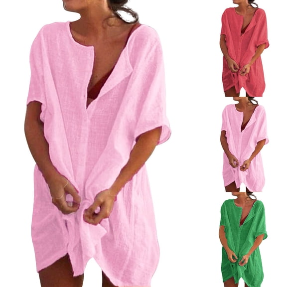 Shadoumai Linen Shirts for Women Summer Button Down Short Sleeve Oversized Shirt Casual Beach Swimsuit Cover Up Mini Dress