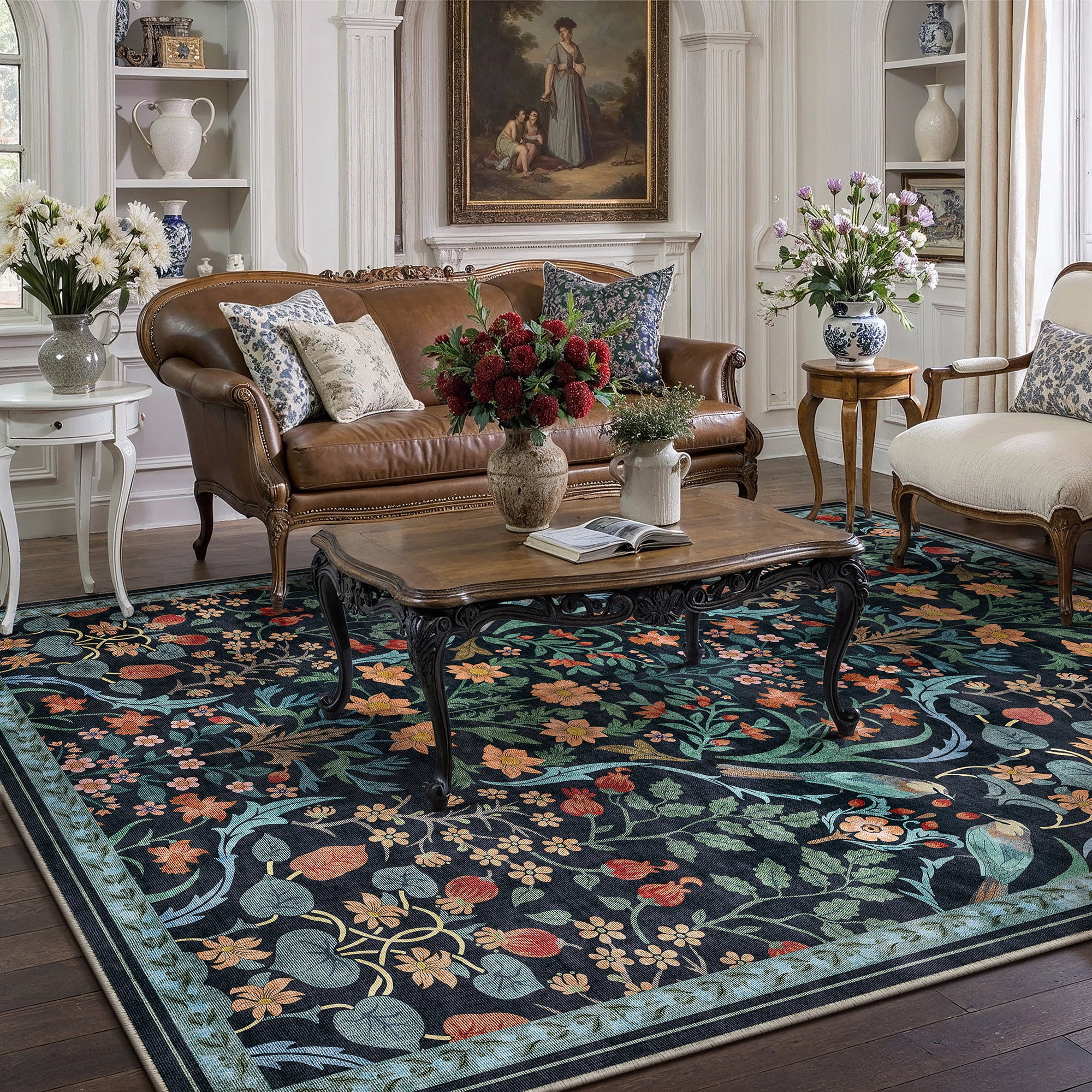 BERTHMEER 5'x7' Area Rugs for Living Room Bedroom Kitchen Farmhouse Rugs Non Slip Washable Floral Vintage Blue Carpets Oriental Flower Office Dorm Dining Room Throw Rugs, Multicolor