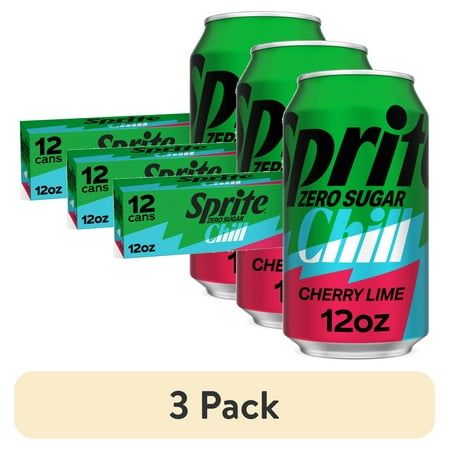 (3 pack) Sprite Zero Sugar Chill Cherry-Lime Caffeine Free Soda Pop Fridge Pack Cans, 12 fl oz, 12 Pack