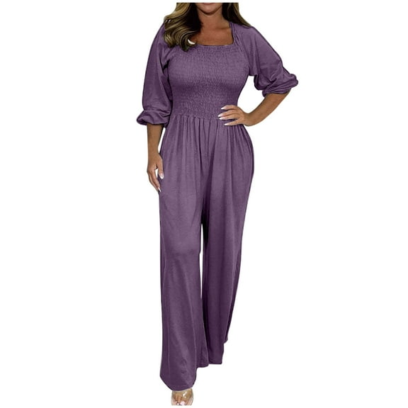 Hvyesh Women's Plus Size Overalls Jumpsuits One Piece Long Sleeve Wide Leg Long Pant Rompers With Pockets