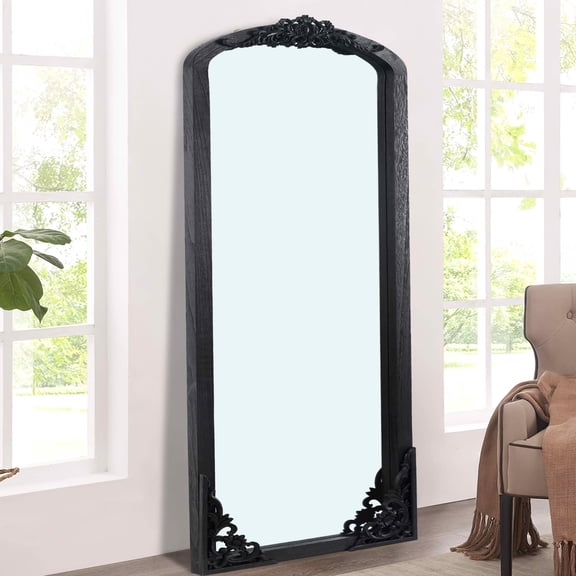 MAYEERTY 67x28x1 Inch Black Carved Wood Right Angle Slightly Arched Full Length Mirror, No Stand for Bedroom