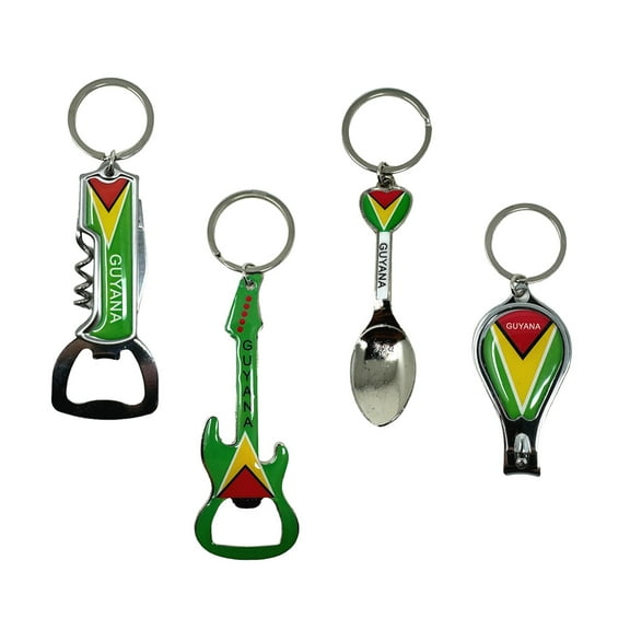 4 Pack Guyana Keychains Country Metal Keychain, 4 Bottle Opener, Nail Clipper, Guitar, Spoon, Corkscrew, Guyanese Patriotic Souvenir Keychains, Car Keys, Gift, Bulk