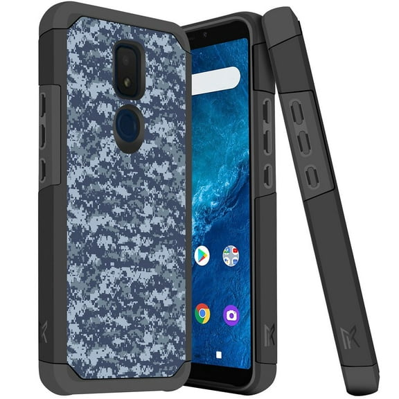ANJ  Slim Dual Layer Hybrid Shockproof Case   Tempered Glass Cover for Cricket Icon 3, Splendor, AT&T Motivate 2 - Digital Camo Blue