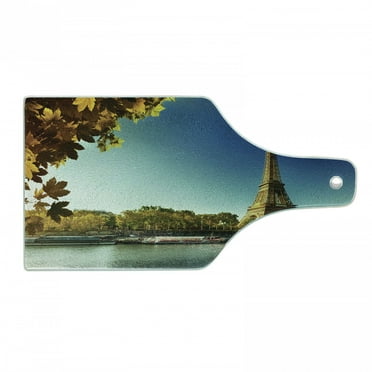 Eiffel Tower Cutting Board, Seine in Paris with Eiffel Tower Autumn Leaves Riverside Scenery, Tempered Glass Cutting and Serving Board, Wine Bottle Shape, Earth Yellow Green Blue, by Ambesonne