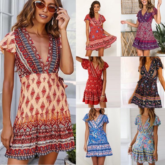 Xunlbb Women's Long Dress Summer Bohemian V Neck Lace Up Fashion Printed Lantern Sleeves High Waist Large Hem Dress Beach Fashion Vacation Party Holidays Casual Outfit Plsu Size