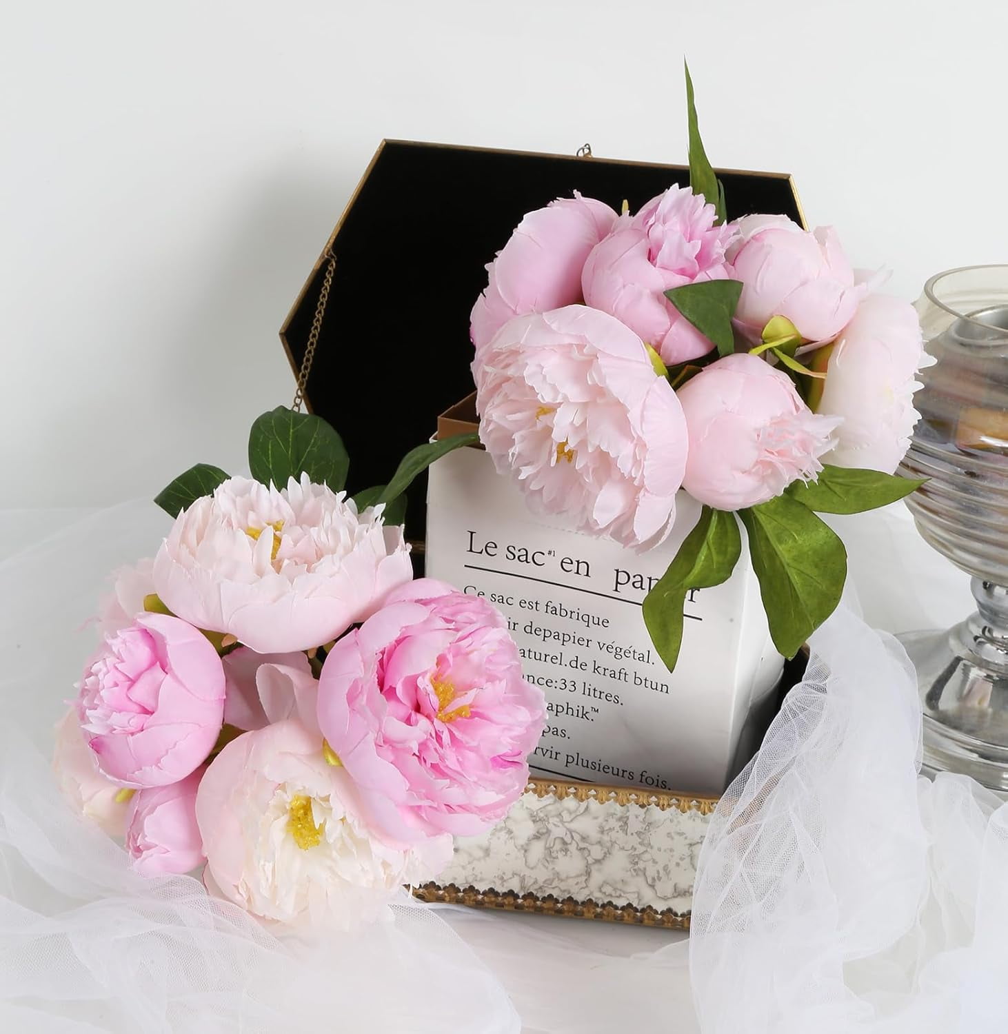 ABCISI 2 Bouquets Artificial Peonies, Silk Flowers 14Heads Vintage Fake Flowers, Faux Peony for Flower Arrangements, Lifelike Decor for Centerpiece Home Table Dining Room (Multi-Pink)