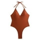 thumbnail image 5 of Trajes de Baño de Bikini de Mujer sin Mangas de Gran Tamaño de Color Sólido con Cuello Colgante V-Cuello Conjunto para la Piscina de Playa Y Verano, 5 of 9