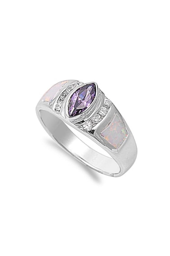 Marquise Simulated Amethyst Cubic Zirconia White Simulated Opal Ring Sterling Silver Size 6