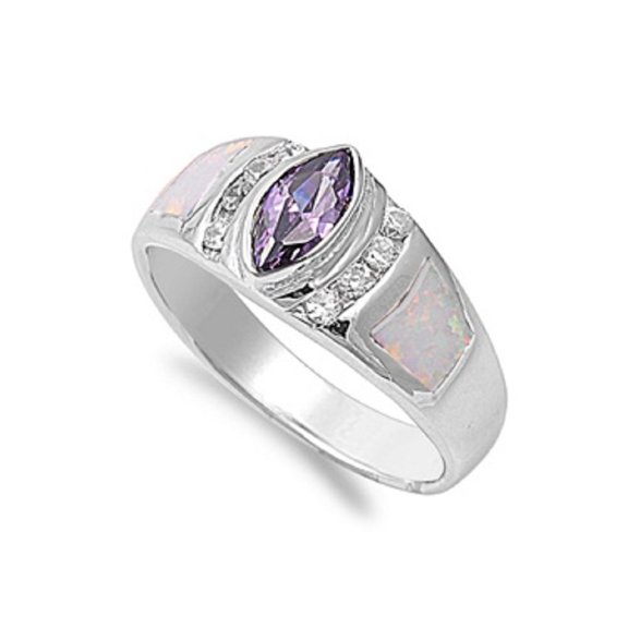 Marquise Simulated Amethyst Cubic Zirconia White Simulated Opal Ring Sterling Silver Size 10