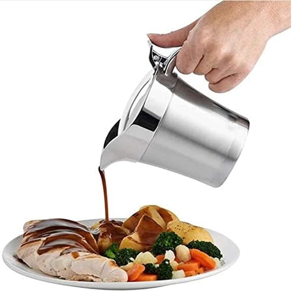 Stainless-Steel Double Insulated Gravy Boat - Sauce Jug with Hinged Lid, Ideal for Gravy or Cream at Thanksgiving, Gravy Pitcher - 16 oz/450 ml$$Home Decor, Kitchen, & Other