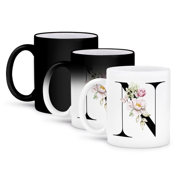 3drose, Elegant Pink and Purple Peony Flower Monogram N, 11oz Magic Transforming Mug