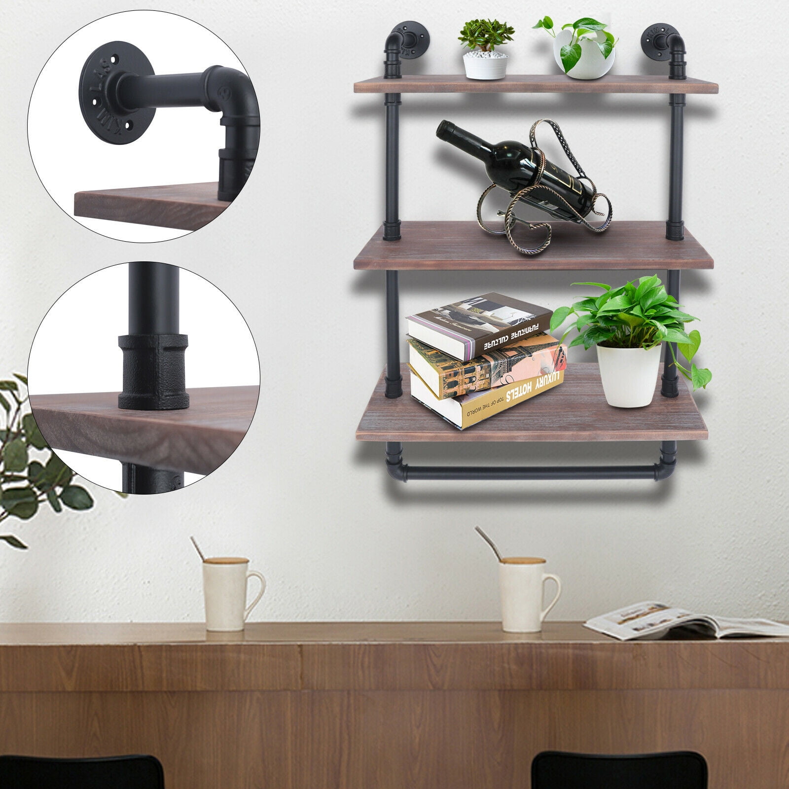 Wall Mount Retro Iron Pipe Shelf Hung Bracket Storage Wood Storage
