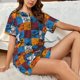 thumbnail image 4 of Balery colorful plaid Dinosaur Conjunto de Pijama para Mujer con Estampado, Dos Piezas de Manga Corta y Shorts, Ropa de Dormir Suave con Cuello Redondo y Bolsillos-Medium, 4 of 6