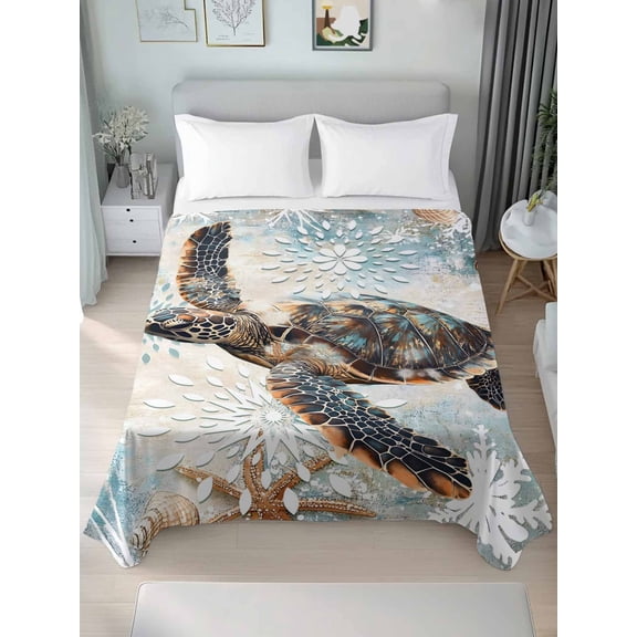 Sea Turtle Coastal California King Size Flat Sheet, Wrinkleproof & Fadeproof Cooling Flat Bed Sheet Only, Nautical Summer Beach Starfish Breathable Soft Bedding Top Sheets 108 x 98 Inches