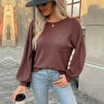 thumbnail image 2 of Women's Casual Tops Solid Color O-neck Hollow Back Blouse Long Puff Sleeves Dressy Waffle Knit Sweater Shirts(L,Coffee), 2 of 5
