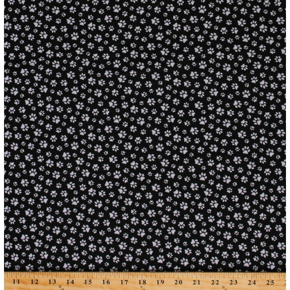 Cotton Gray Paw Prints on Black Dogs Puppies Pets Dog Print Cotton Fabric Print by the Yard (181BLACK)
