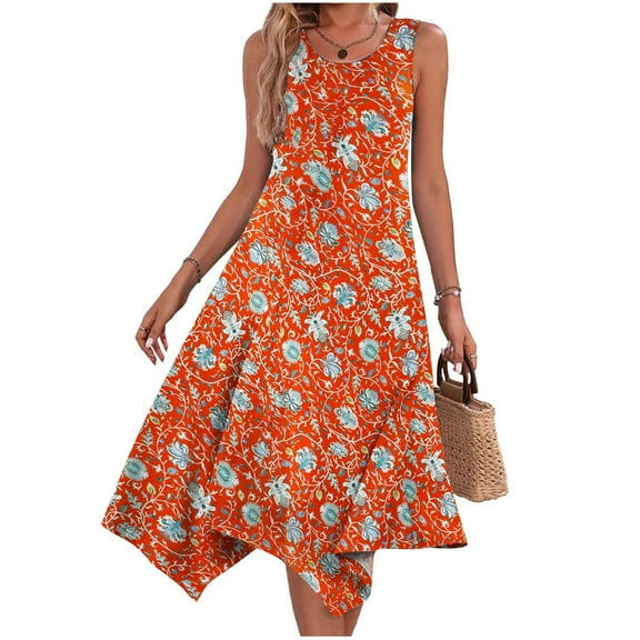 DAETIROS Women Summer Dress Pocket Round Neck V-neck Thin Dress Orange Size L