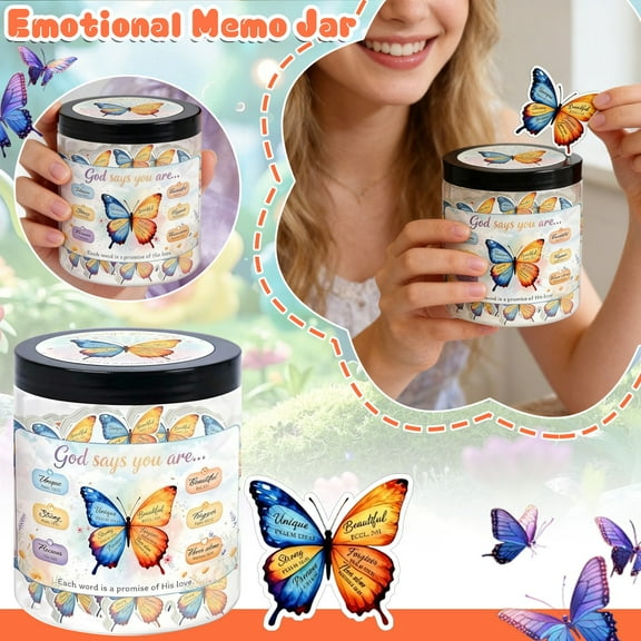 Positive Butterfly Sticky Note Jar, 60 Pieces With Inspirational Quotes, Encouragement Gift For Teens, S, Office, School, Home