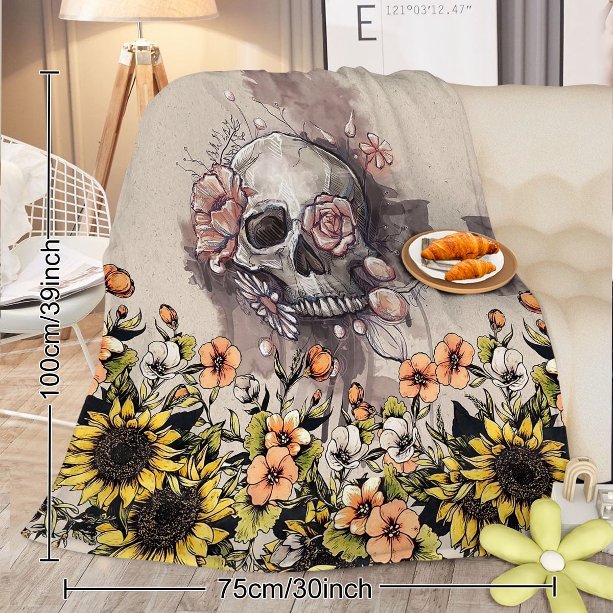 Rustic Skull Sunflower Flannel Fleece Blanket Floral Skull Flannel Soft Plush Throw Blanket Cozy Blankets for Bed Chair Car Sofa Couch Bedroom, 130*150cm