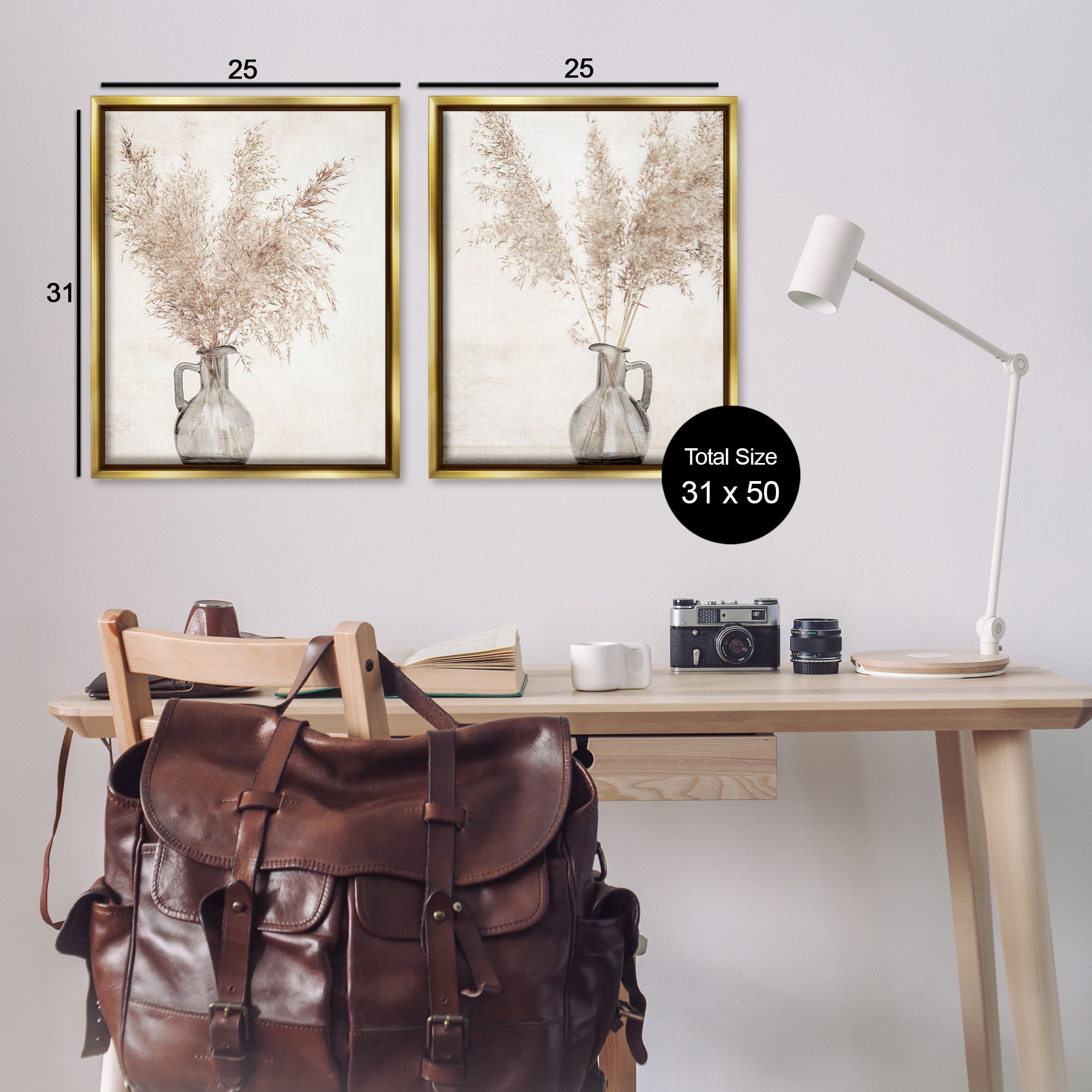 Stupell Industries Wild Pampas Stalks Vase Plants & Flowers Photography Gold Floater Framed Canvas Art Print Wall Art, 31 x 25, Set of 2