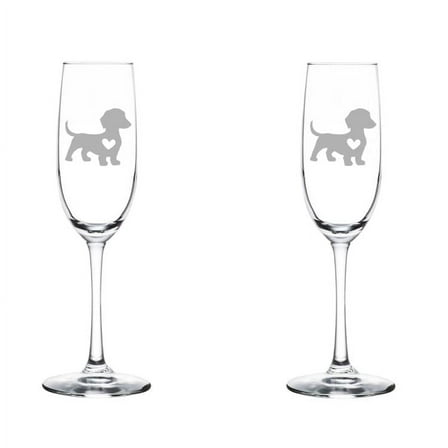Set of 2 Glass Champagne Flutes Sparkling Wine Glasses Cute Dachshund With Heart (8 oz Stemmed)