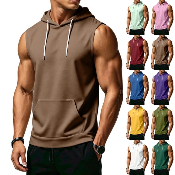 BRANROY Men's Tank Tops - Hooded Sleeveless Gym Shirts with Pockets and Drawstring, Muscle Tees for Athletic Summer Training,Army Green L