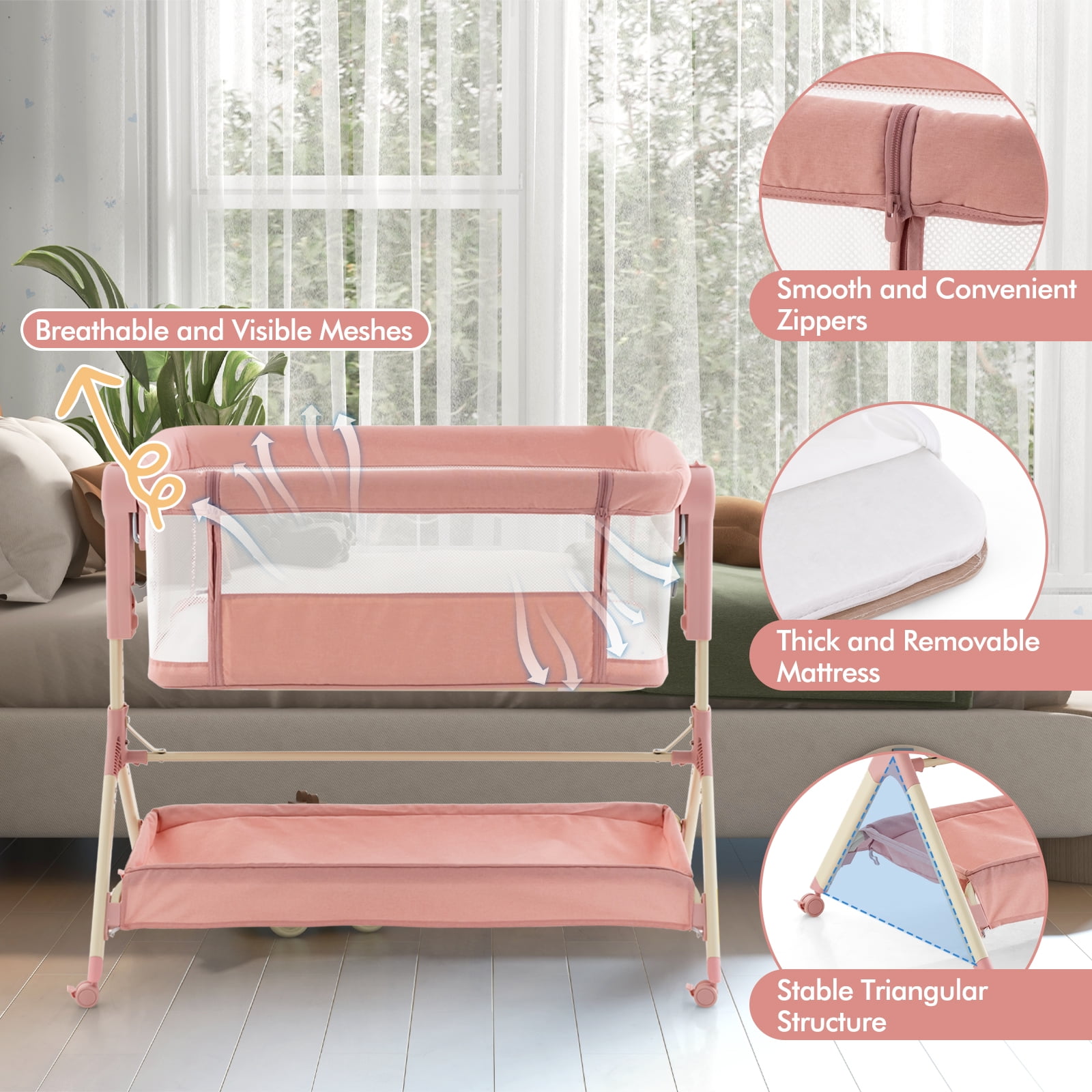 Costway Height Adjustable Bedside Sleeper Baby Crib with Storage Bag Pink
