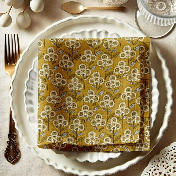Vargottam Yellow Cotton Muslin Napkins - Set of 12, 20x20 Inches, Taupe with White Floral, Ideal for Spring and Summer Gatherings, Parties, and Everyday Use - Machine Washable