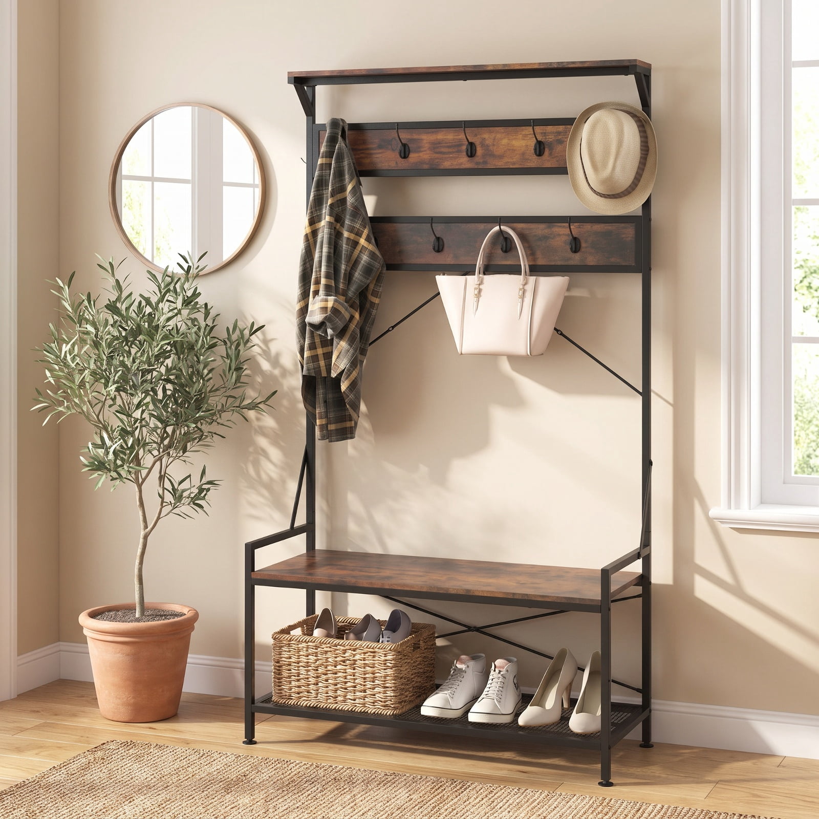 Furnibear 4 in 1 Hall Tree Coat Rack with 11 Hooks and Shoe Bench and Storage Shelf for Mudroom and Entryway, Rustic Brown