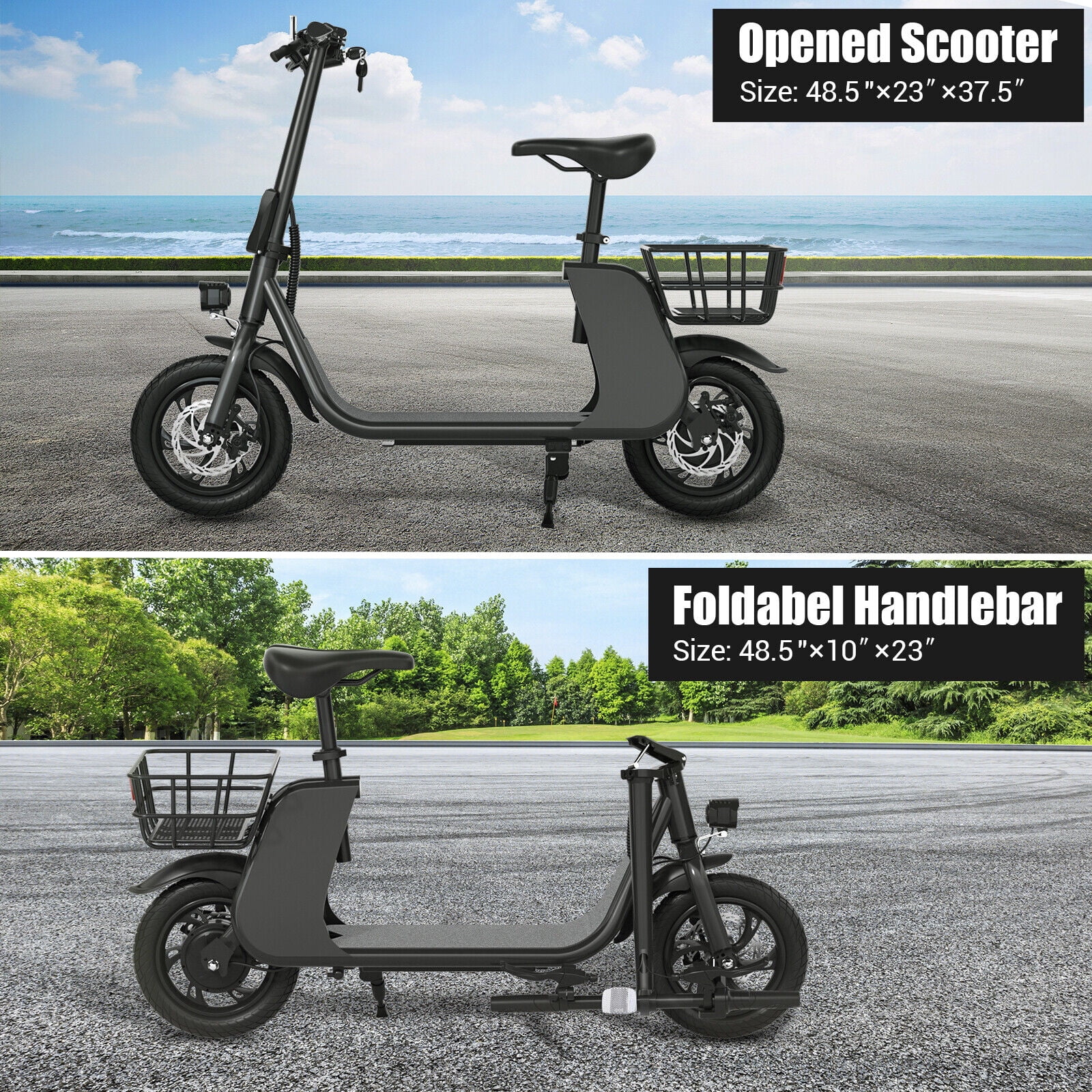 Lohoms Updated 450W Foldable Electric Scooters Bike, Adult Electric Moped Commuter Ebike Biycle Waterproof E-Scooter With Seat Basket 12 in Off-Road Tires,Black