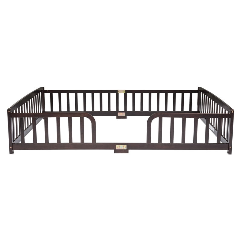 Queen Size Montessori Kids Floor Bed with Entrance, Toddler Crib Fence Bed, Low-Profile Wood Platform Bed Frame with Curved Guardrails