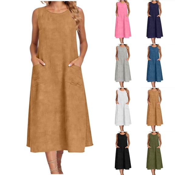 Zynoxe Summer Dresses for Women Casual Round Neck Sleeveless Midi Dresses with Pockets Flowy Peasant Gauze Vacation Beach Dresses Blue S