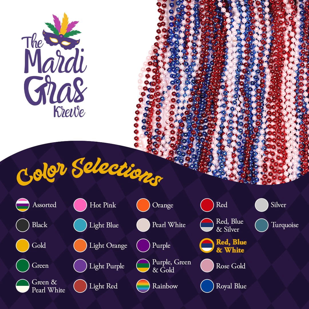 THE MARDI GRAS KREWE - 33" 7mm Red, White, and Blue Beads, 10 Dozen 120 Necklaces  Perfect for Mardi Gras, Patriotic Events, and Independence Day Celebrations