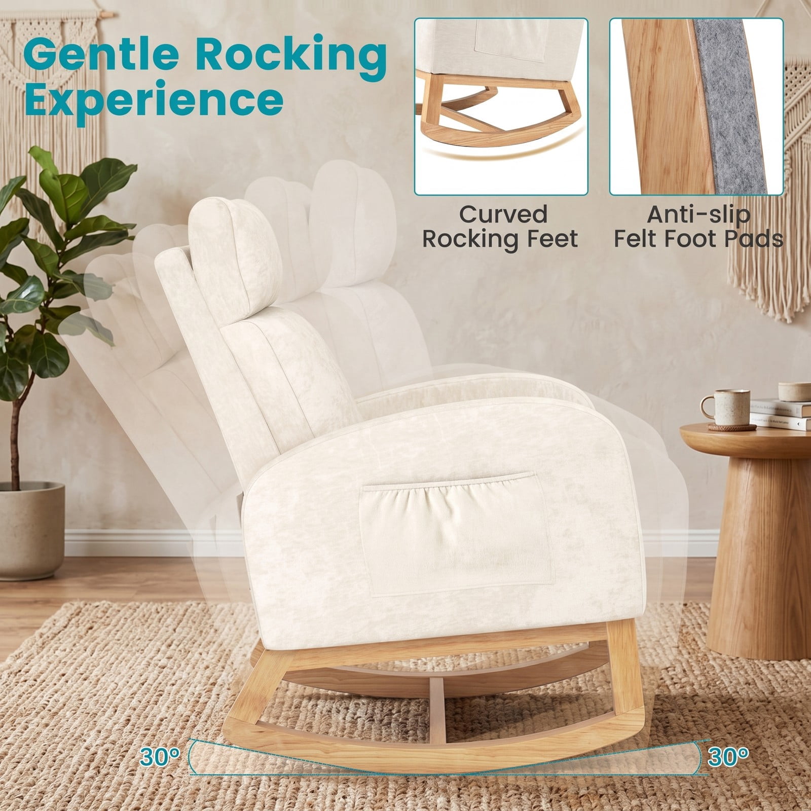 Furnibear Nursery Rocking Chair, Upholstered Chenille Rocker Armchair with Rubber Wood Frame, Ergonomic Glider Chair with Side Pocket for Living Room Bedroom, Beige