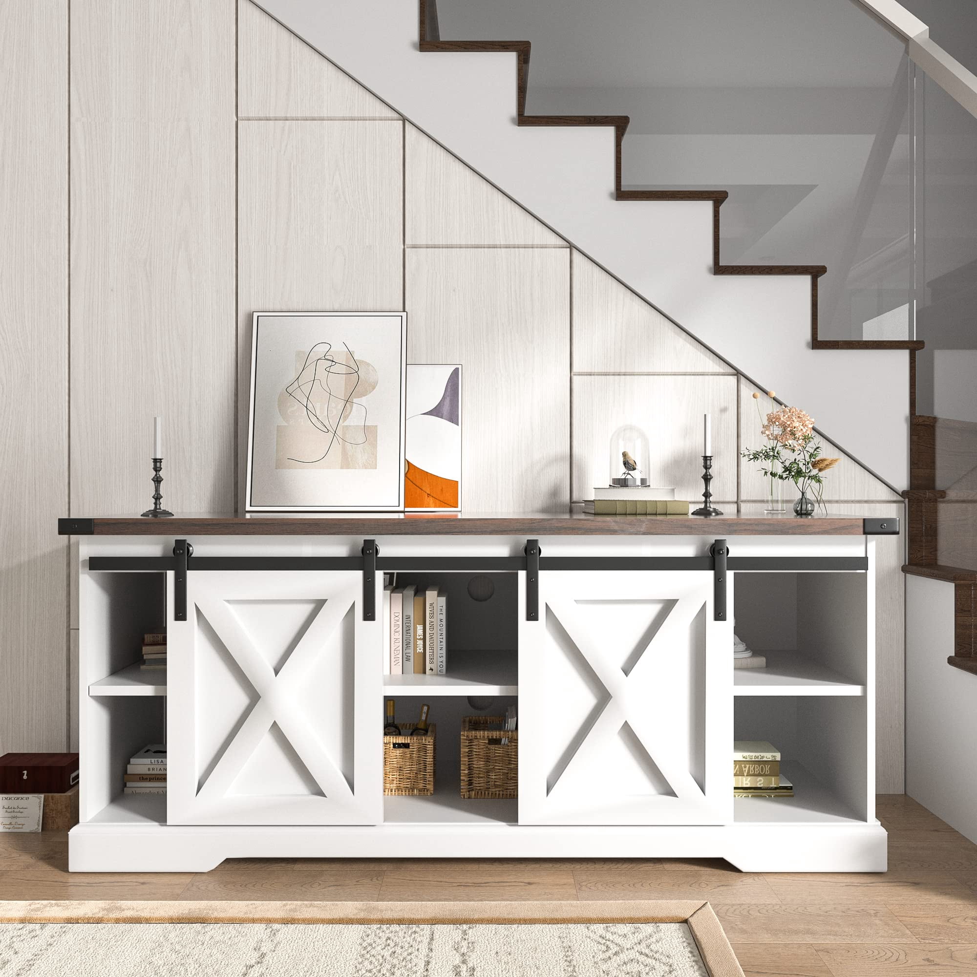 Chvans Farmhouse Barn Door TV Stand for up to 65" TVs /23" Electric Fireplace, Entertainment Center Console Table with Adjustable Shevles(58")