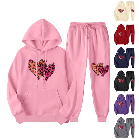 USSUMA Women's Sweatsuits Women's Sweatshirt Long Sleeved Pullover Sweatpant Outfits Pocket Drawstring Print Tracksuit Elastic Waist Comfortable Jogger Sets Oversized Outdoor Fall Suit