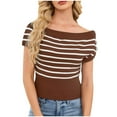 thumbnail image 2 of Sevevn Women Sexy Boat Neck Off Shoulder Sweater,Short Cap Sleeve Striped Knit Crop Top,Spring Summer Trendy Casual Outfit, 2 of 9