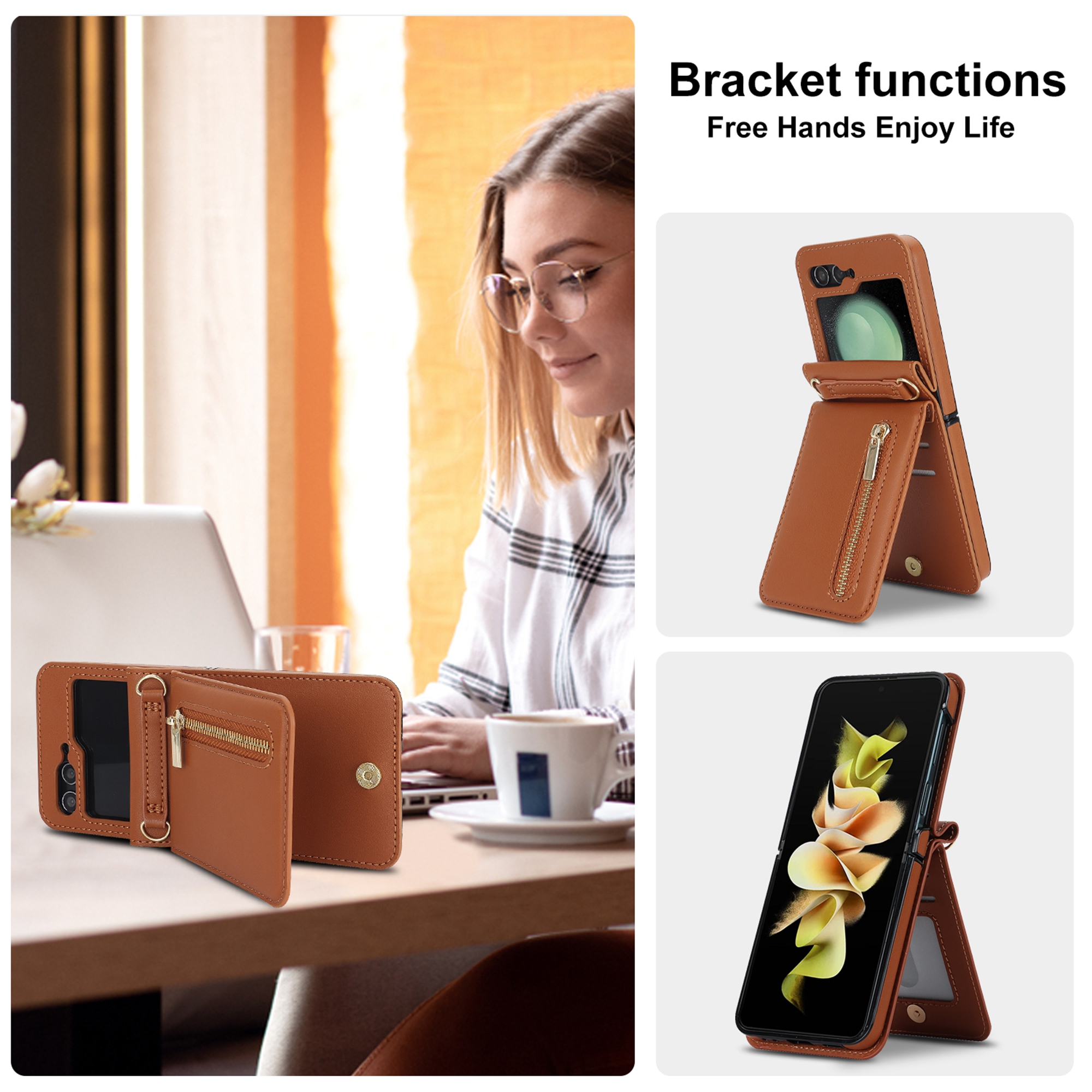 Decase for Samsung Galaxy Z Flip 5 Luxury Zipper Wallet Phone Case, Multi-Function Kickstand Card Holder Adjustable Fashion Flip Cover Case with Crossbody Strap for Samsung Z Flip 5 5G,Brown