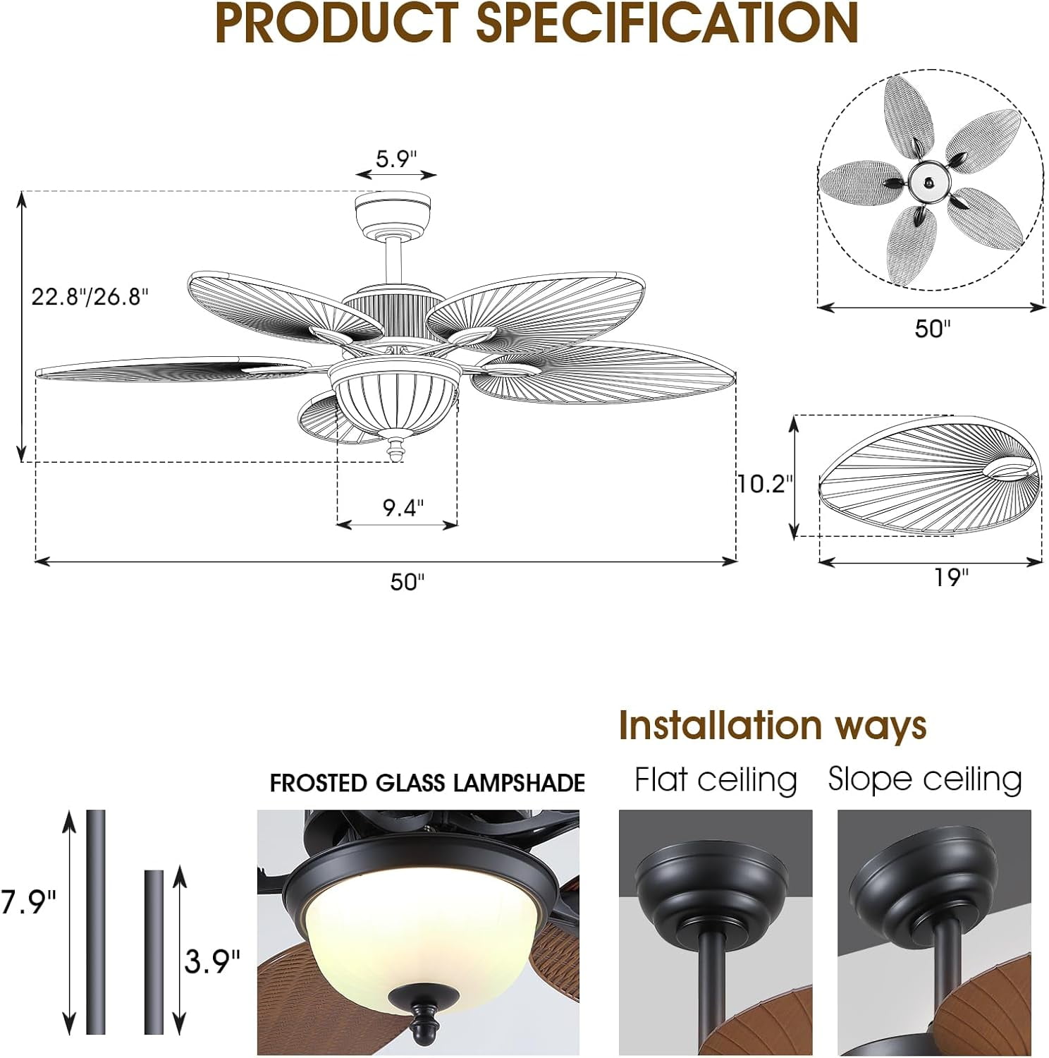 PHORUS 50" Tropical Ceiling Fan with Light and Remote/APP, Outdoor Waterproof Palm Leaf Ceiling Fan, 6 Speeds Quiet DC Motor, Wet Rated for Patio, Porch, Brown