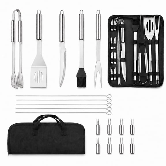 QOPR 18-Piece BBQ Grill Tool Set, Stainless Steel Barbecue Accessories with Spatula, Tongs, Fork, Knife, Brush, Skewers, Corn Holders & Carrying Bag