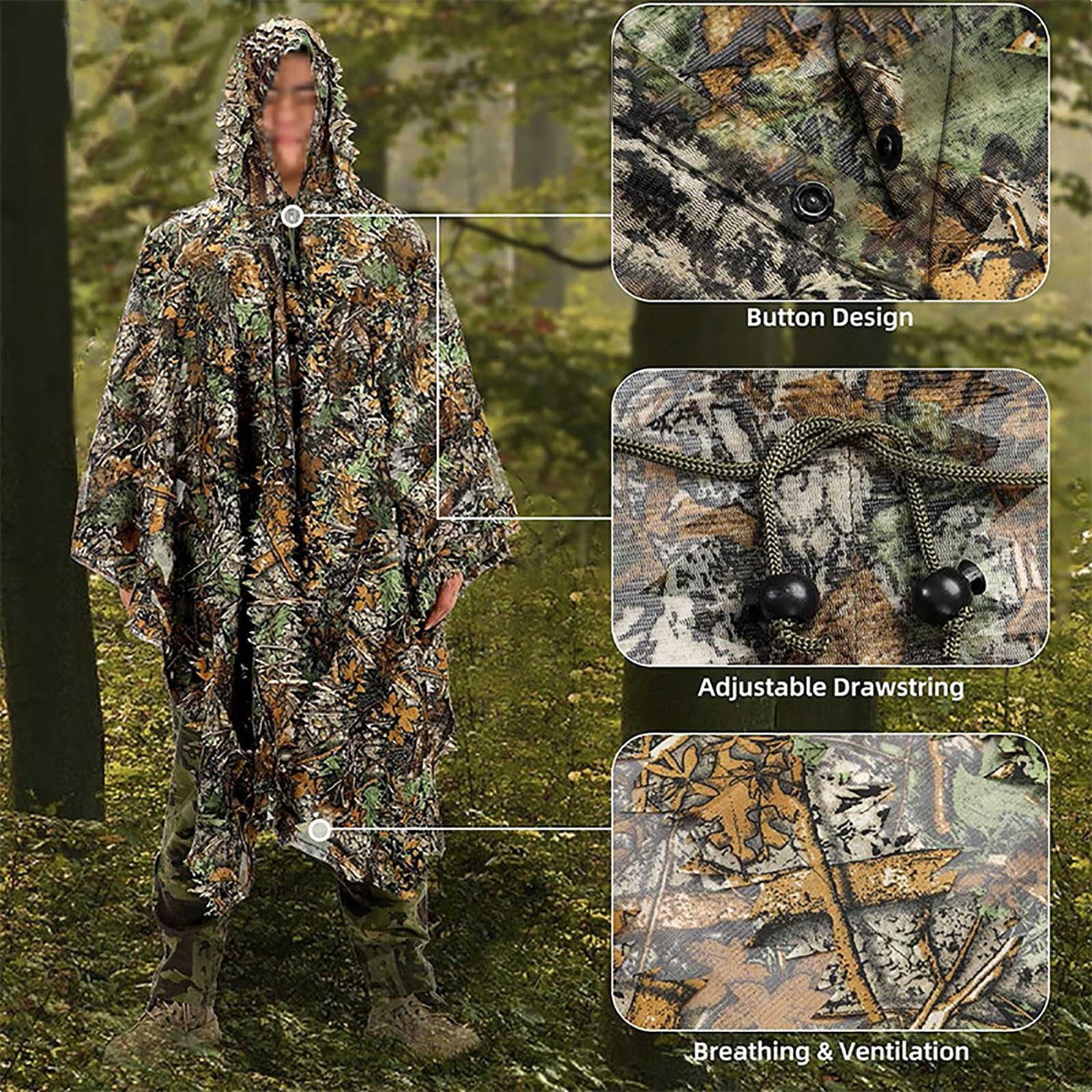 Maple Leaf Camouflage Cloak, 3D Leaf Pattern Concealment Cape, Breathable Water Resistant Camo Suit, Adjustable Hood Belt Garment, Lightweight Camouflage for Hunting Photography Military Training