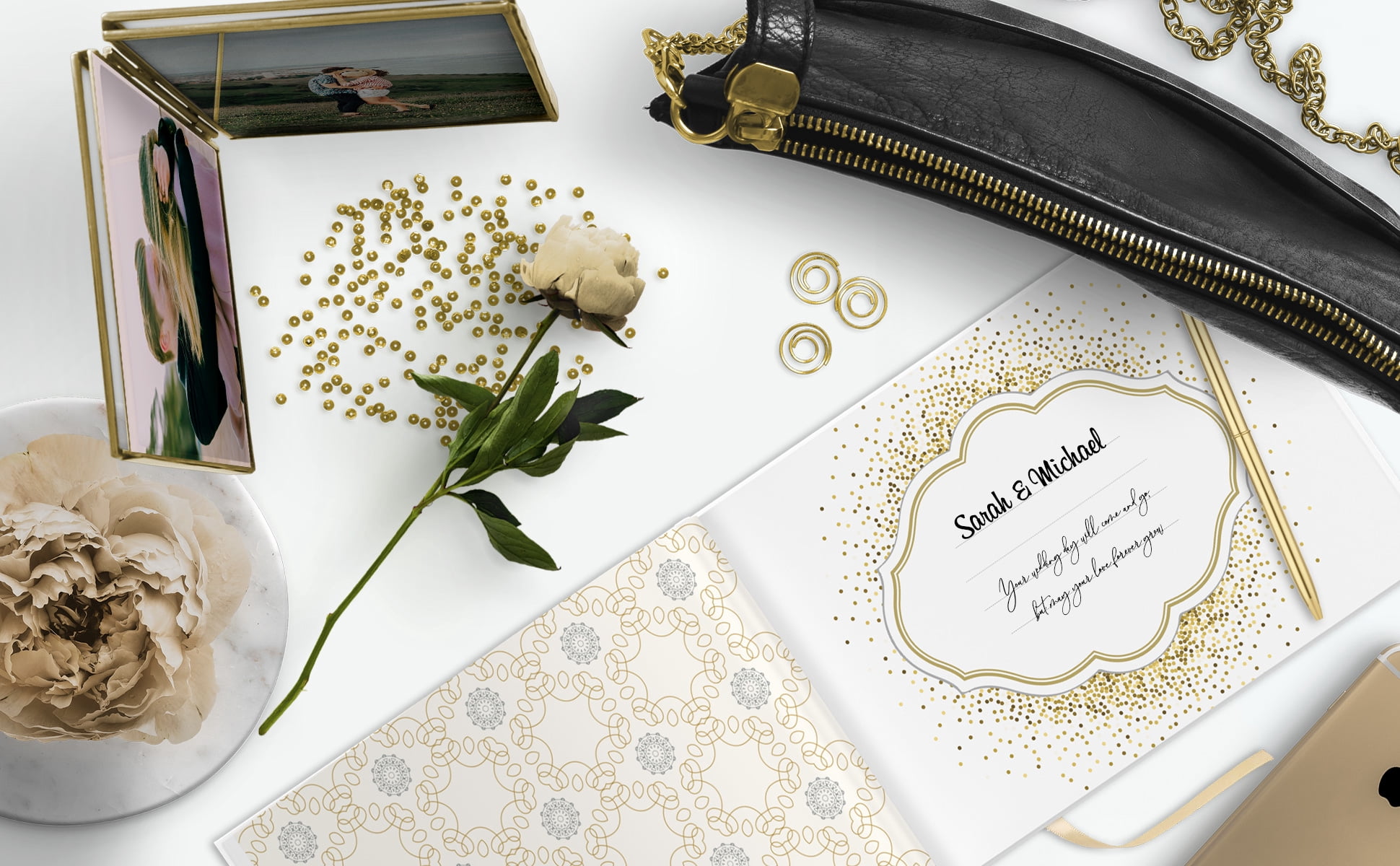 Merry Expressions Gold Guest Book & Pen - 9"x7" Hardcover White Polaroid Book 100 Page/50 Sheets - F Gilded Edges for Guests & Visitors to Sign at a Wedding, Party, Baby or Bridal Shower
