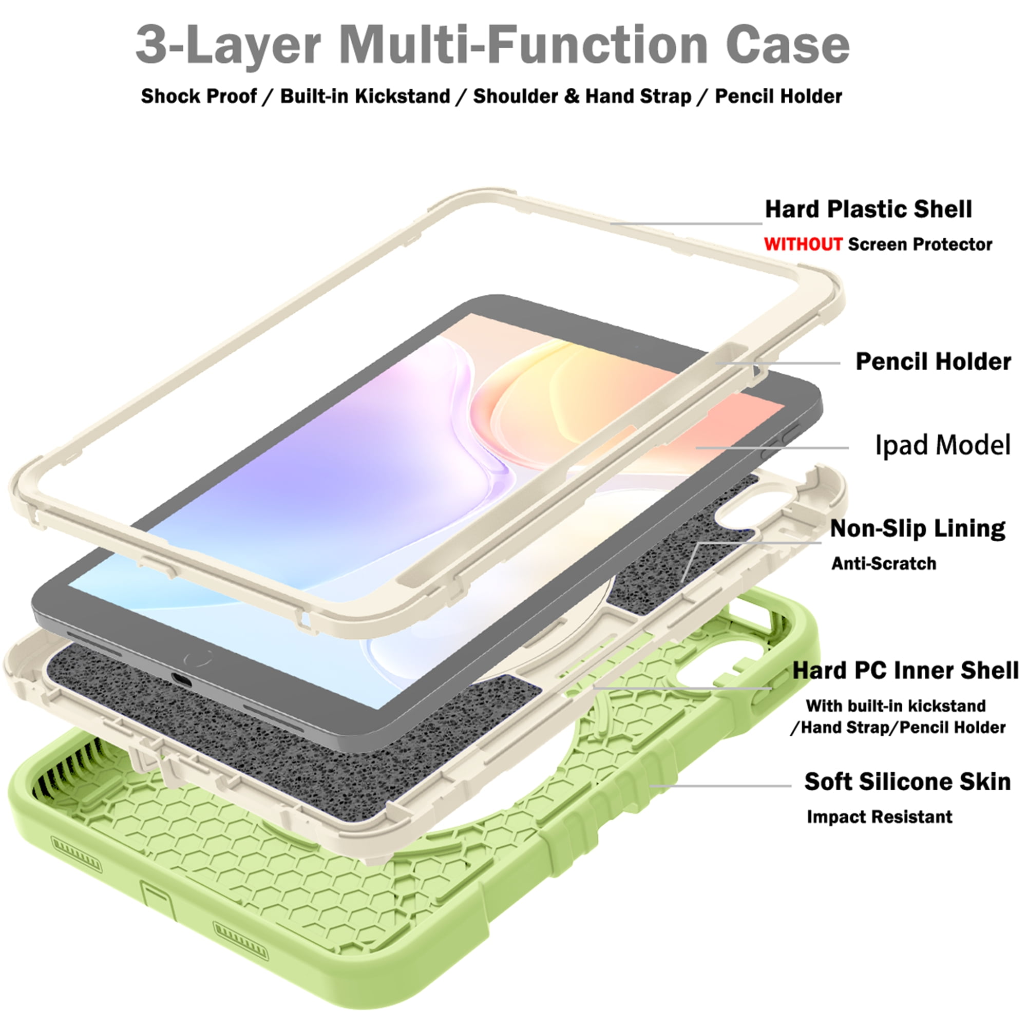 Dteck Kids Case for iPad 10th Generation Case 2022, Military Grade Shockproof Rugged Cover for iPad 10th Gen 10.9 Inch with 360° Swivel Stand - Handle - Shoulder Strap - Pencil Holder,Green White
