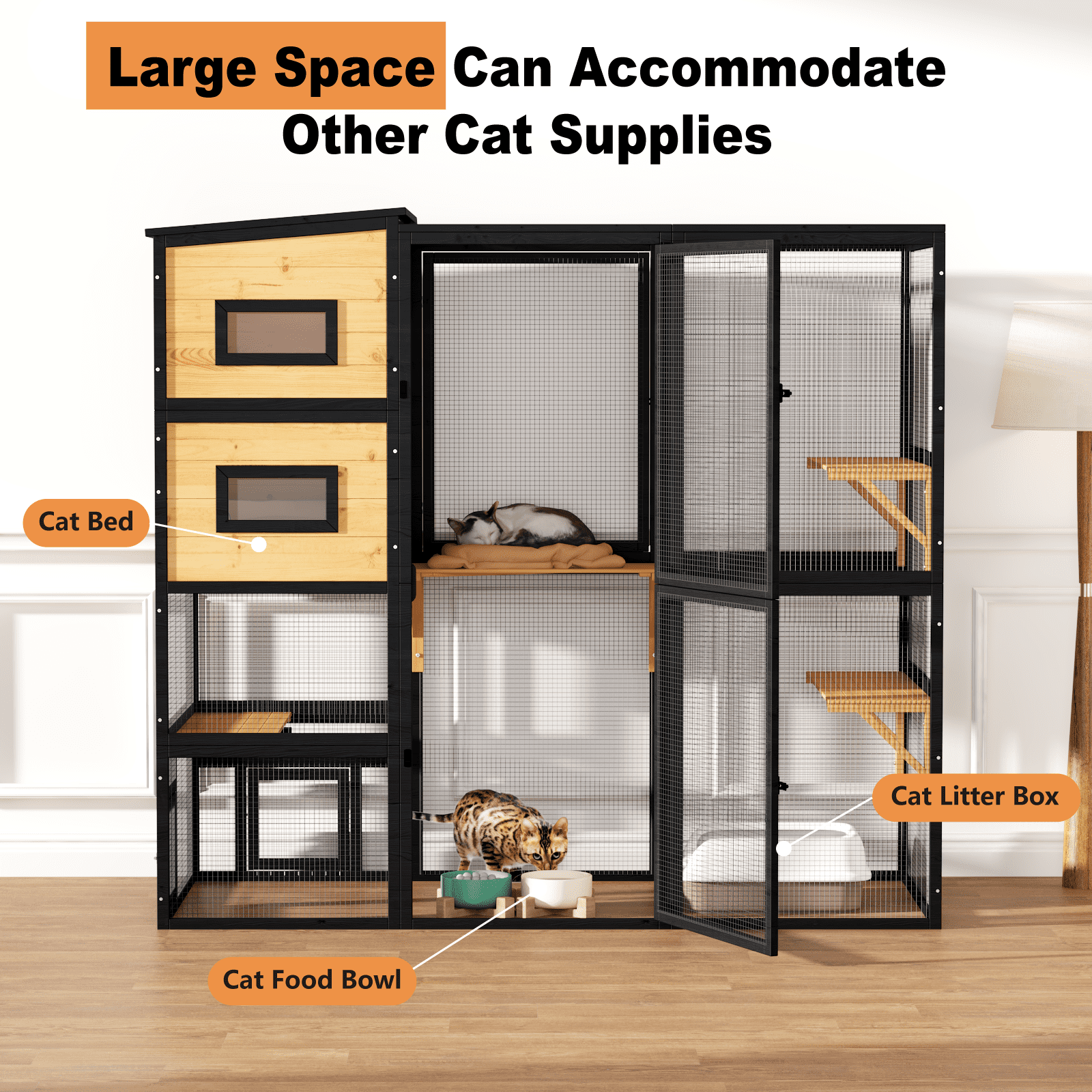 TIMHAKA Catio Outdoor Cat Enclosure Large Wooden Cat House for Mulitiple Cats w/ Resting Box, Platform, Waterproof Roof & Large Door, Black & Yellow